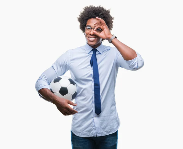 Afro Americano Gerente Hombre Celebración Fútbol Pelota Sobre Aislado Fondo —  Fotos de Stock