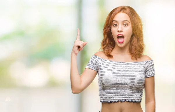 Mooie Jongedame Geïsoleerde Achtergrond Vinger Omhoog Met Succesvolle Idee Verlaten — Stockfoto