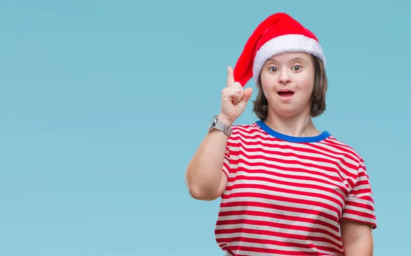 Ung Vuxen Kvinna Med Downs Syndrom Jul Hatt Pekar Finger — Stockfoto