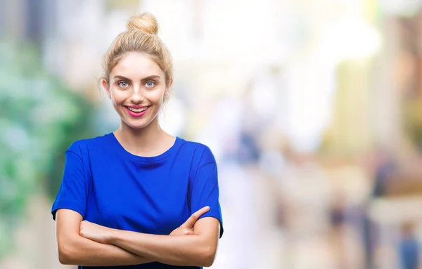 Joven Hermosa Rubia Ojos Azules Mujer Con Camiseta Azul Sobre — Foto de Stock