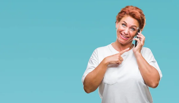 Atrractive Senior Caucasian Redhead Woman Talking Smartphone Isolated Background Very — Stock Photo, Image