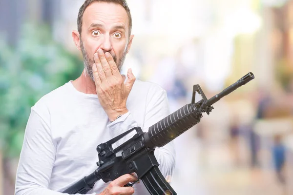 Medelåldern Senior Hoary Kriminella Mannen Innehar Gun Vapen Över Isolerade — Stockfoto