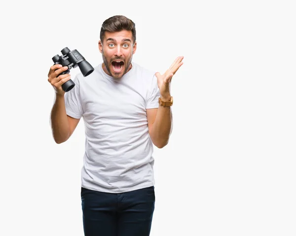 Giovane Bell Uomo Che Guarda Attraverso Binocolo Sfondo Isolato Molto — Foto Stock