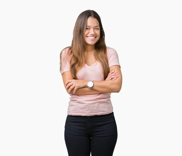 Joven Hermosa Morena Vistiendo Camiseta Rosa Sobre Fondo Aislado Cara — Foto de Stock