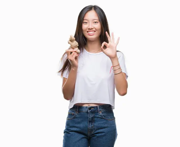 Jovem Asiático Mulher Segurando Fresco Orgânico Sobre Isolado Fundo Fazendo — Fotografia de Stock