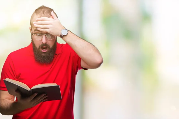 Young Hipster Man Wearing Glasses Reading Book Isolated Background Stressed — Stock Photo, Image