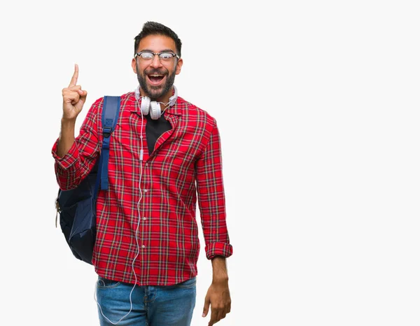 Erwachsener Hispanischer Student Mit Kopfhörer Und Rucksack Über Isoliertem Hintergrund — Stockfoto