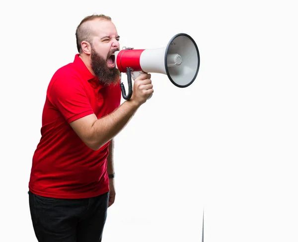 Young Caucasian Man Shouting Megaphone Isolated Background Annoyed Frustrated Shouting — Stock Photo, Image