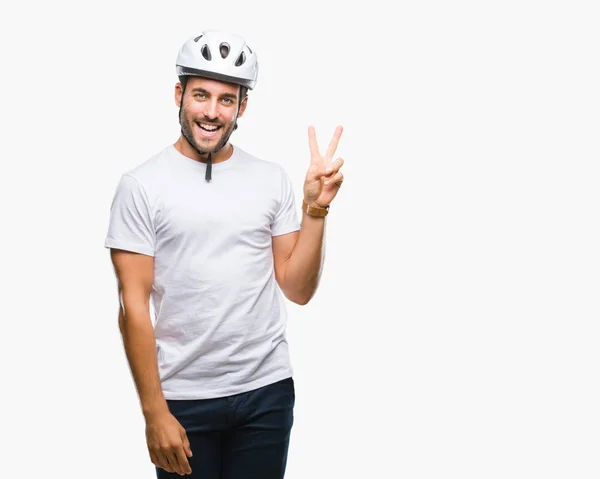 Młody Przystojny Mężczyzna Hełmie Bezpieczeństwa Rowerzysta Białym Tle Uśmiechnięty Szczęśliwy — Zdjęcie stockowe