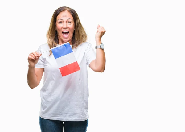 Mulher Hispânica Meia Idade Segurando Bandeira França Sobre Fundo Isolado — Fotografia de Stock