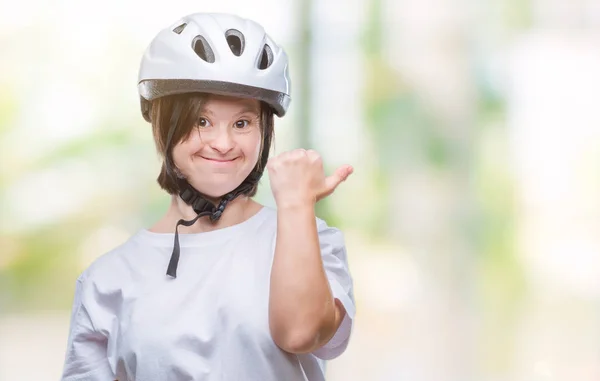 Young Adult Cyclist Woman Syndrome Wearing Safety Helmet Pointing Side — Stock Photo, Image