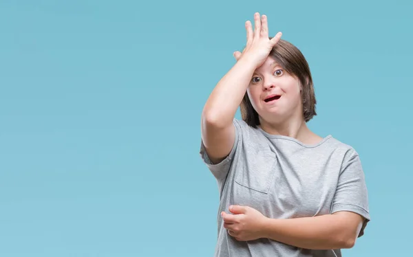 Junge Erwachsene Frau Mit Syndrom Irrtümlich Mit Hand Auf Kopf — Stockfoto