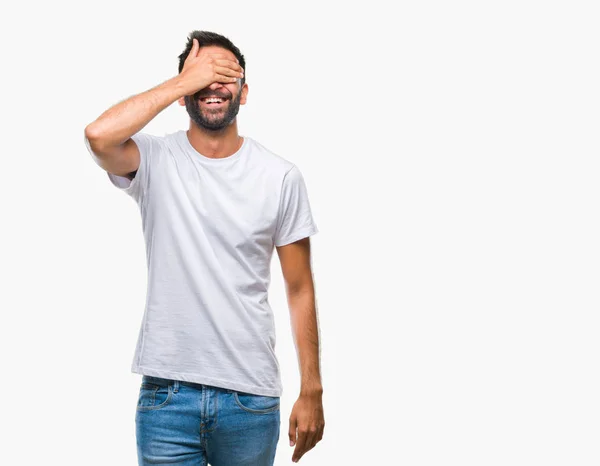 Adult Hispanic Man Isolated Background Smiling Laughing Hand Face Covering — Stock Photo, Image