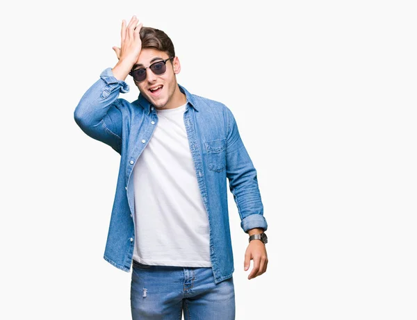 Young Handsome Man Wearing Sunglasses Isolated Background Surprised Hand Head — Stock Photo, Image