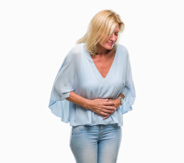 Middle Age Blonde Business Woman Isolated Background Hand Stomach Because — Stock Photo, Image