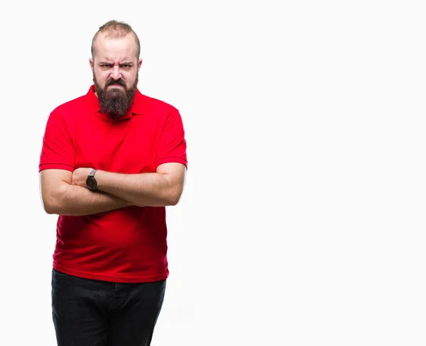 Joven Hipster Caucásico Con Camisa Roja Sobre Fondo Aislado Escéptico —  Fotos de Stock