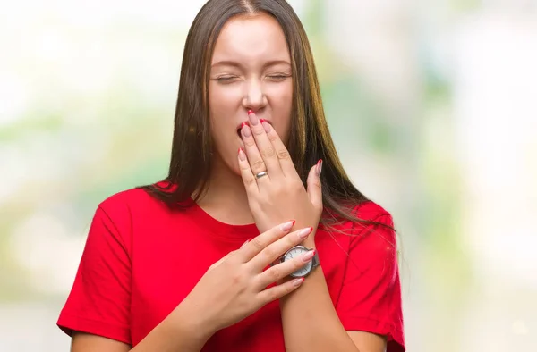 Young Beautiful Caucasian Woman Isolated Background Bored Yawning Tired Covering — Stock Photo, Image