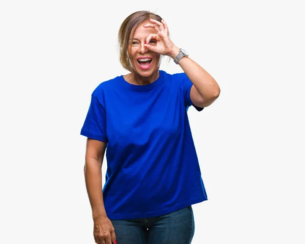 Middelbare Leeftijd Senior Latino Vrouw Geïsoleerde Achtergrond Doen Gebaar Met — Stockfoto