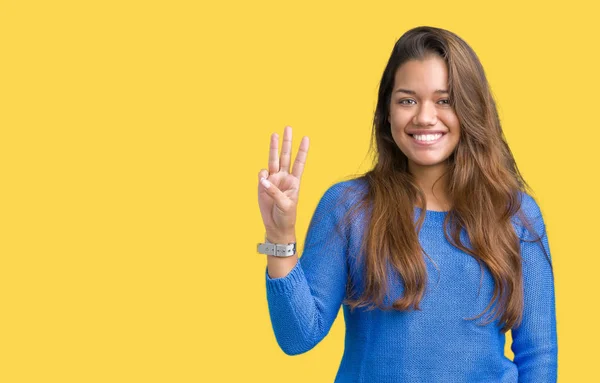 Jonge Mooie Brunette Vrouw Blauwe Trui Dragen Geïsoleerde Achtergrond Weergeven — Stockfoto