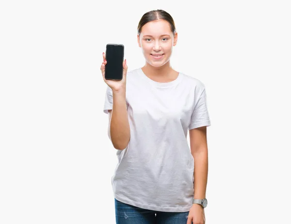 Joven Hermosa Mujer Caucásica Mostrando Pantalla Del Teléfono Inteligente Sobre — Foto de Stock