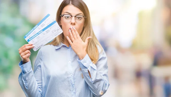 Young Beautiful Woman Holding Boarding Pass Isolated Background Cover Mouth — Stock Photo, Image