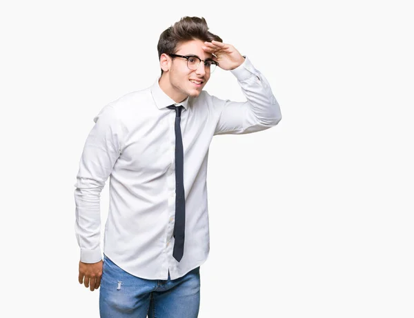 Fiatal Üzletember Szemüveg Viselése Alatt Elszigetelt Háttér Nagyon Boldog Mosolyog — Stock Fotó