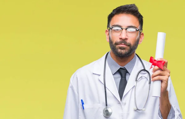 Adult Hispanic Doctor Man Holding Degree Isolated Background Confident Expression — Stock Photo, Image