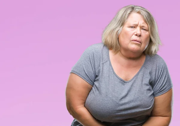 シニア プラス サイズ以上の白人女性と背景を分離された手の胃に消化不良 気分が悪く痛みを伴う病気 痛みの概念 — ストック写真