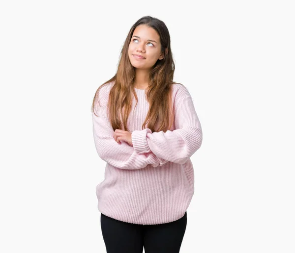 Junge Schöne Brünette Frau Trägt Rosa Winterpullover Über Isoliertem Hintergrund — Stockfoto