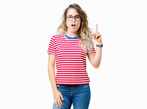 Beautiful Young Blonde Woman Wearing Glasses Isolated Background Pointing Finger — Stock Photo, Image