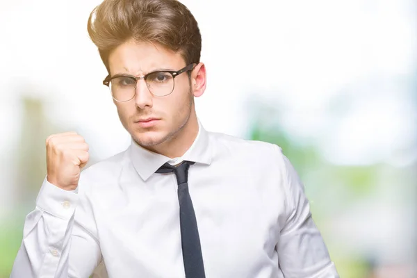 Jeune Homme Affaires Portant Des Lunettes Sur Fond Isolé Colère — Photo