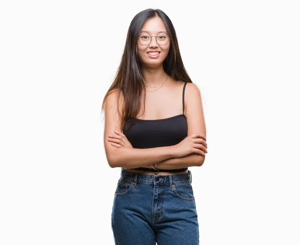 아시아 여성에 안경을 무기는 카메라 넘어와 긍정적인 — 스톡 사진