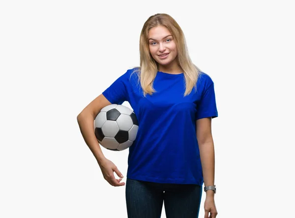Young Caucasian Woman Holding Soccer Ball Isolated Background Happy Face — Stock Photo, Image