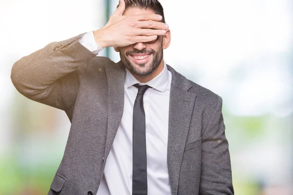 Giovane Uomo Affari Bello Sfondo Isolato Sorridente Ridente Con Gli — Foto Stock