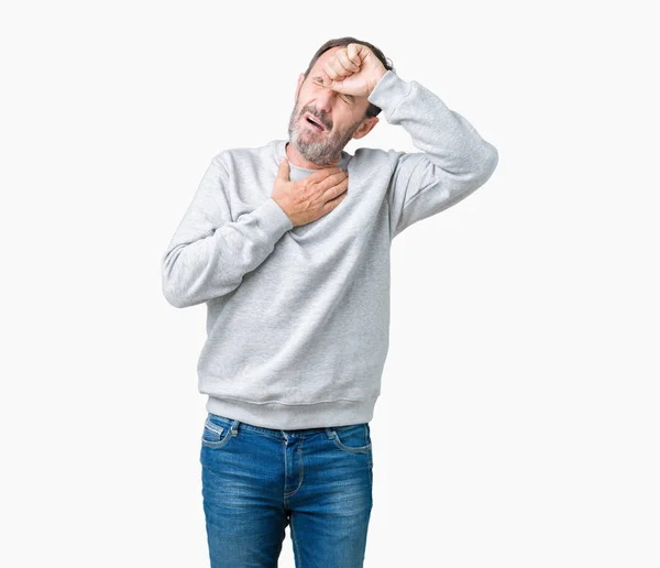英俊的中年男子穿着运动衫在孤立的背景触摸额头的疾病和发烧 流感和感冒 病毒生病 — 图库照片
