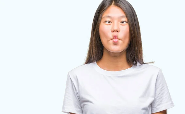 Jovem Mulher Asiática Sobre Fundo Isolado Fazendo Cara Peixe Com — Fotografia de Stock