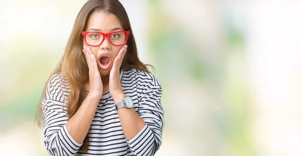 Young Beautiful Brunette Woman Wearing Stripes Sweater Red Glasses Isolated — Stock Photo, Image