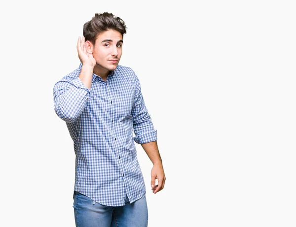 Joven Hombre Negocios Guapo Sobre Fondo Aislado Sonriendo Con Mano —  Fotos de Stock