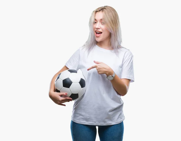 Young Blonde Woman Holding Soccer Football Ball Isolated Background Very — Stock Photo, Image
