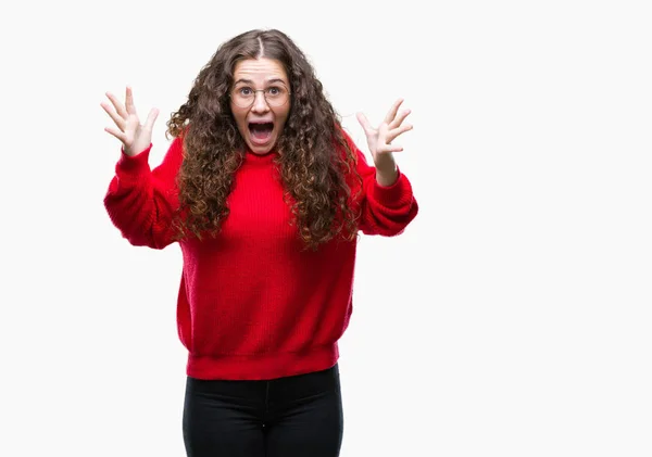 Bella Bruna Capelli Ricci Ragazza Indossa Occhiali Maglione Invernale Sfondo — Foto Stock