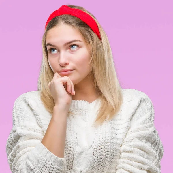 Young Caucasian Woman Wearing Winter Sweater Isolated Background Hand Chin — Stock Photo, Image