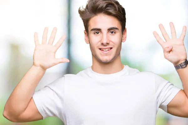 Joven Hombre Guapo Con Camiseta Blanca Sobre Fondo Aislado Mostrando —  Fotos de Stock