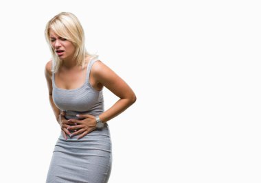 Young beautiful blonde woman over isolated background with hand on stomach because indigestion, painful illness feeling unwell. Ache concept. clipart