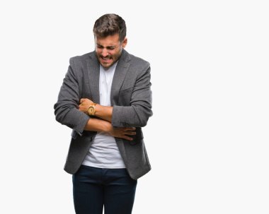 Genç yakışıklı iş adam izole mide üzerinde el ile arka plan çünkü mide bulantısı, ağrılı hastalık hasta hissediyor. Ağrısı kavramı.