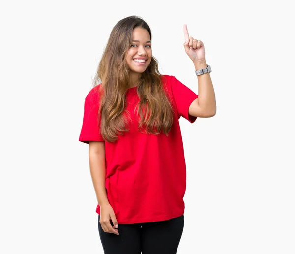 Jonge Mooie Brunette Vrouw Dragen Rode Shirt Geïsoleerde Achtergrond Wijzende — Stockfoto