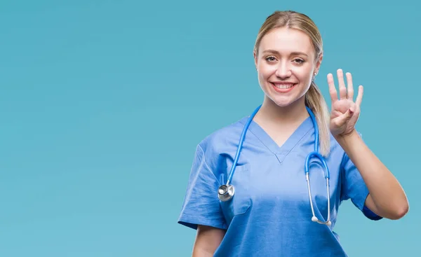 Young Blonde Surgeon Doctor Woman Isolated Background Showing Pointing Fingers — Stock Photo, Image