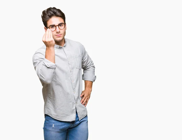 Joven Hombre Guapo Con Gafas Sobre Fondo Aislado Haciendo Gesto — Foto de Stock