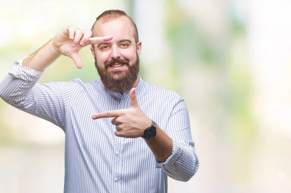 Genç Beyaz Hipster Adam Elleriyle Yapım Çerçeve Parmakları Ile Mutlu — Stok fotoğraf