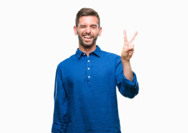 Jovem Homem Bonito Sobre Fundo Isolado Sorrindo Com Rosto Feliz — Fotografia de Stock