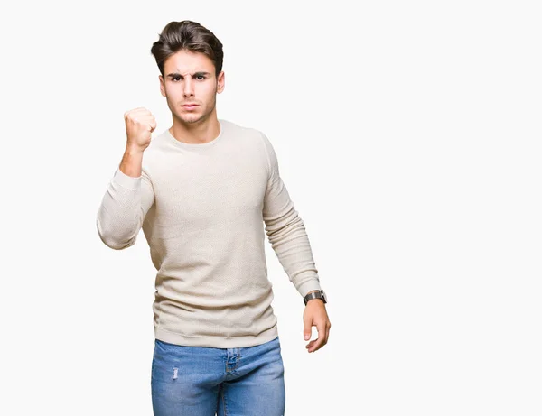 Joven Hombre Guapo Sobre Fondo Aislado Enojado Loco Levantando Puño — Foto de Stock